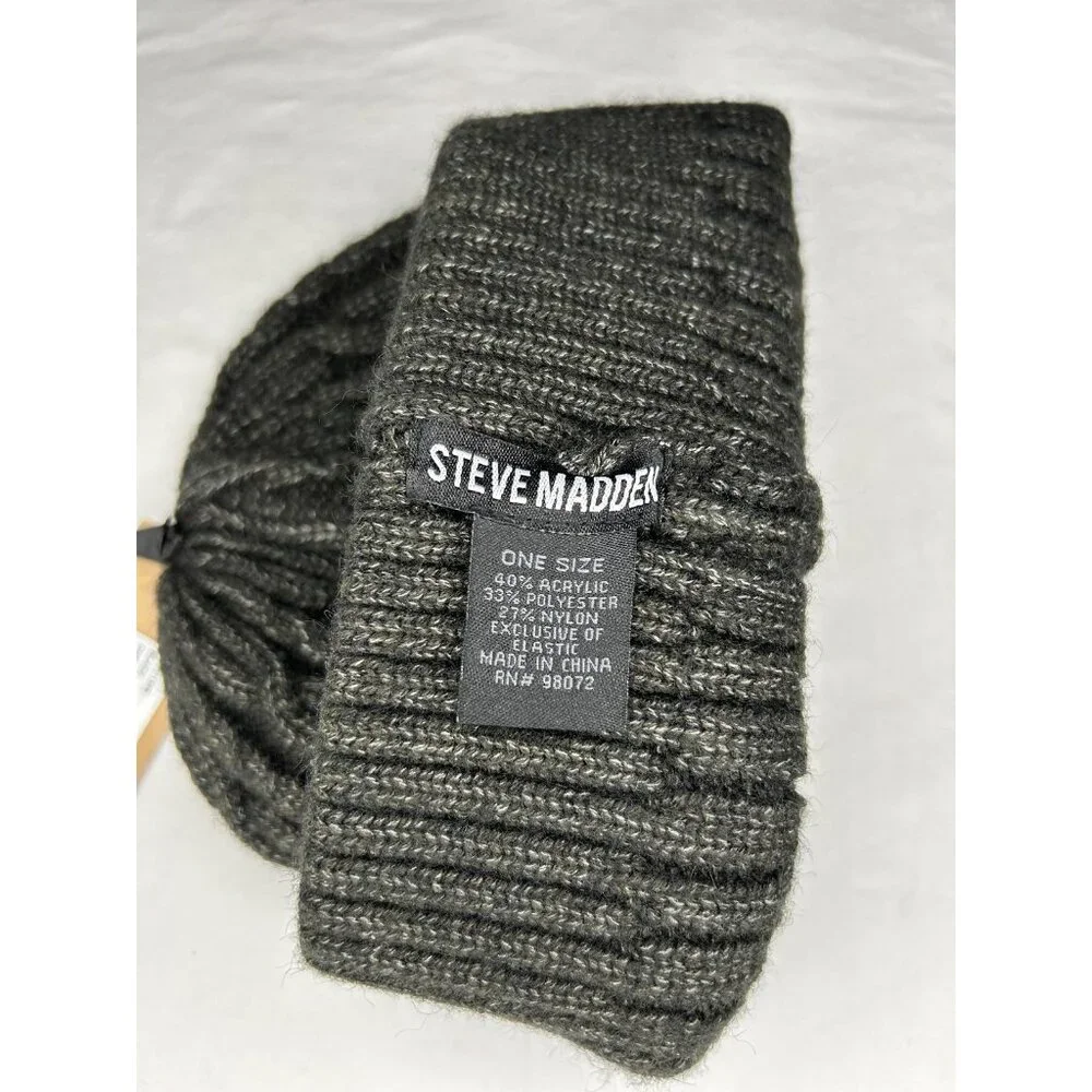 Steve Madden Hat Beanie Cuffed Cable Knit Ribbed OS Heather Black Winter Outdoor